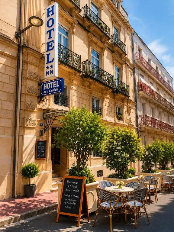 Terrasse arborée de l'Hôtel de la Comédie à Montpellier, face aux immeubles haussmanniens